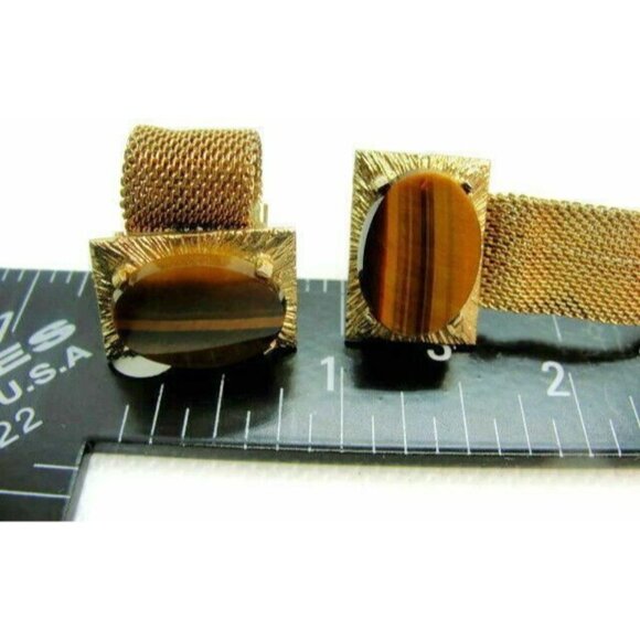 Oval Tiger Eye Mesh Wraparound Bullet Gold Tone Cuff Link Mens Vintage Cufflinks - Picture 6 of 8